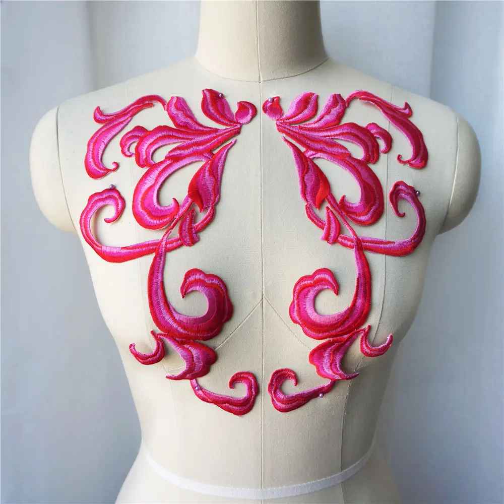 2PCS Blue Pink Orange Baroque Fabric Appliques Sew Iron On Patches Embroidered Collar For Wedding Gown Dress Decoration DIY | Дом и сад