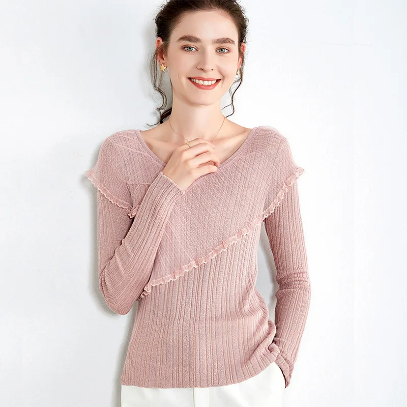 

Autumn 2020 New Mesh Ruffle T-Shirt Top Design Sense V-neck Ice Silk Slim T-shirt Women Long Sleeve Trendy Casual Solid Color