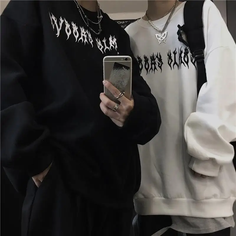 

Spring Black Streetwear Tops Girls White Gothic Oversized Hoodie Streetwear Womens hip-hop High Street Cool Couple Sweatshirts
