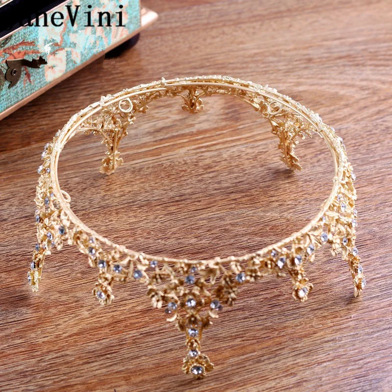 Роскошная золотая свадебная корона jaevini с цветами Серебряные стразы круглые