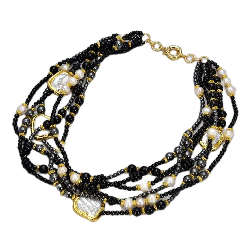 

GG Ювелирное Украшение 21 "6 нитей натуральный жемчуг белый Кеши жемчужное оникс гематит ожерелье