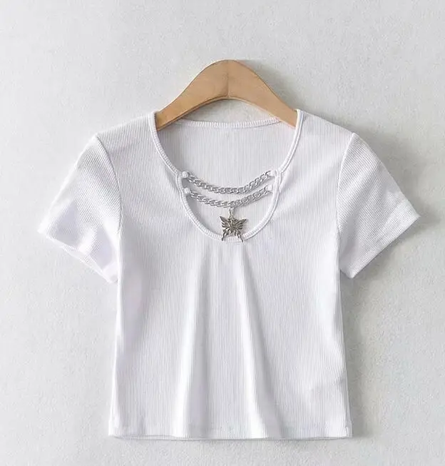 

Women's Summer Neckline Metal Fudie Chain Short Sleeve T-shirt X1-34716