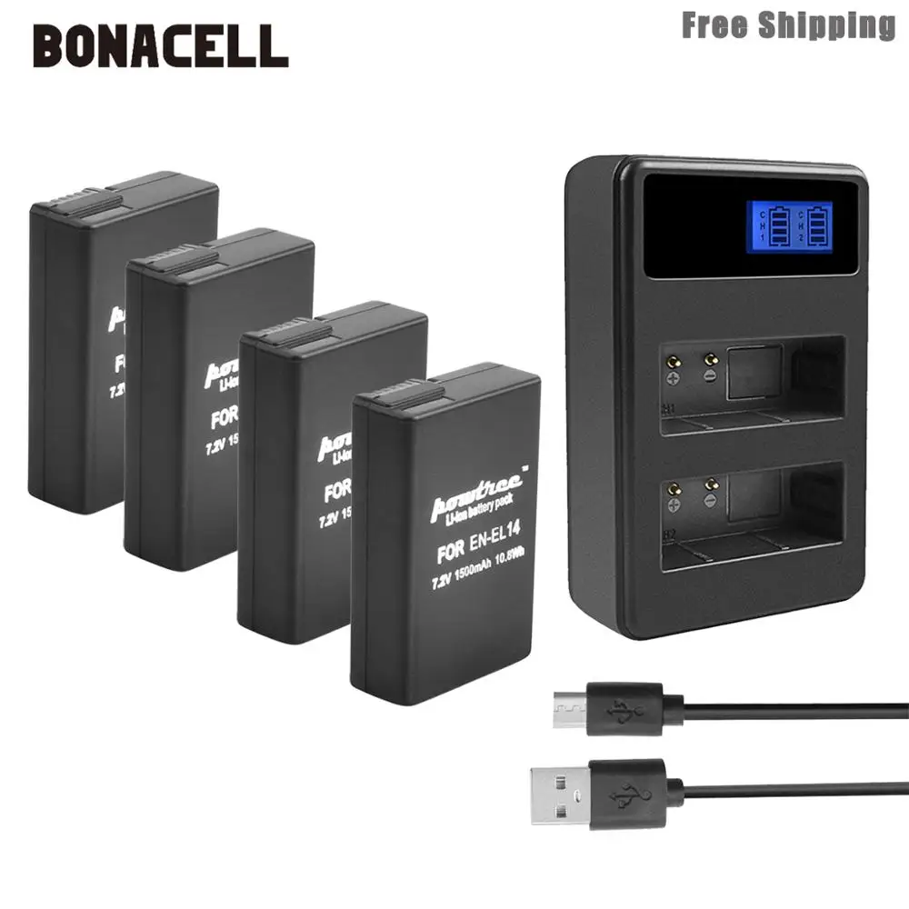 Bonacell 1500 мАч EN-EL14 EN-EL14a ENEL14 EL14 батарея+ ЖК двойное зарядное устройство для Nikon P7800, P7700, P7100, P7000, D5500, D5300, D5200 L50 - Цвет: 4XBattery LCDCharger