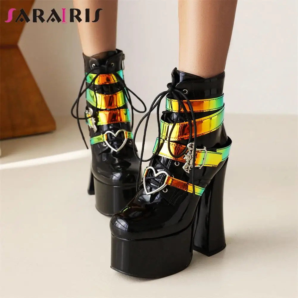 

SaraIris 2021 New Arrivals Solid Heart Buckle Lace Up Zipper High Heel Platform Bling women's Boots Elegant Designer Goth Shoes