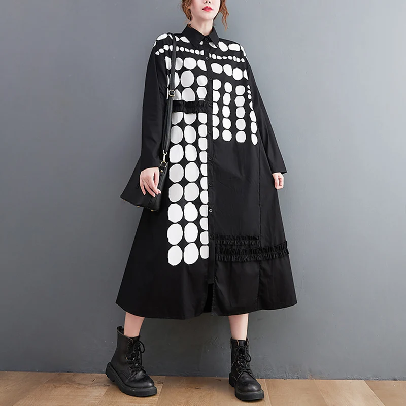 

Женское платье-рубашка с цветочной вышивкой, черное свободное повседневное винтажное платье миди с длинным рукавом, Модная элегантная одеж...