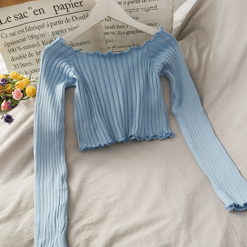 Женские трикотажные футболки с длинным рукавом OUMEA облегающие кроп-топы в