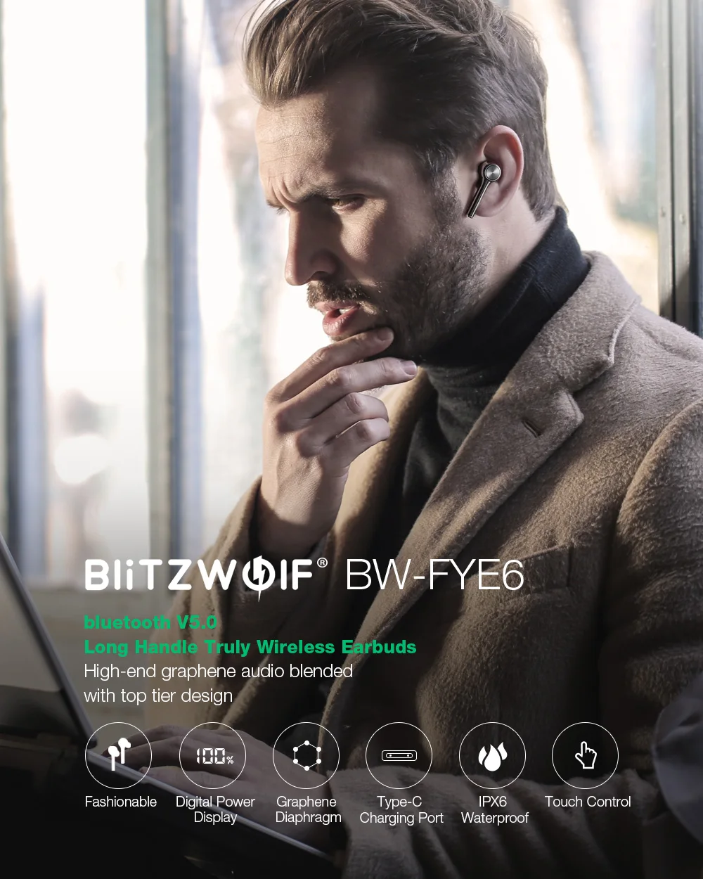 BlitzWolf BW-FYE6 наушники-вкладыши TWS bluetooth 5,0 Беспроводной наушники Graphene цифровой Дисплей сенсорный Управление двусторонний вызов наушники гарнитура