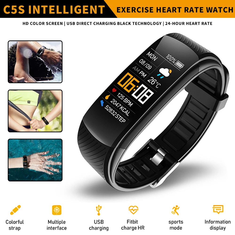 

Mayitr 1pc C5S Smart Watch Bracelet Sports Heart Rate Monitor Pedometer Fitness Tracker For Android IOS