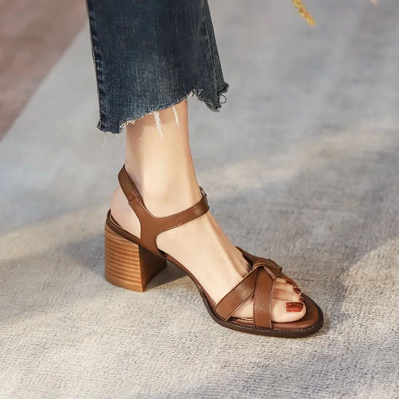 

Genuine Cow Leather Women Sandals Retor Thick High Heels Summer Shoes Woman Dress Party Office Ladies Shoes Gladiator Sandals 40