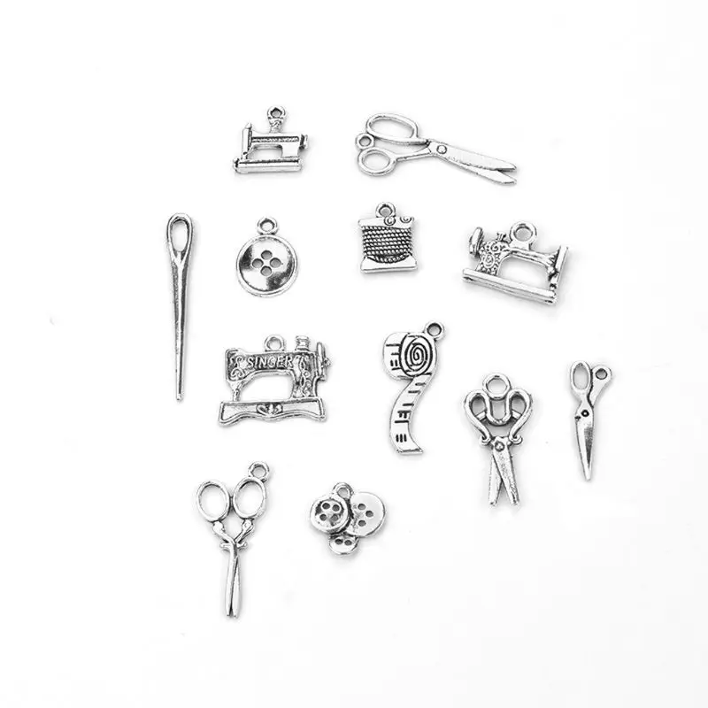 

87HC 12Pcs Sewing Charms Collection Antique Silver Scissors Pendant Jewelry Findings