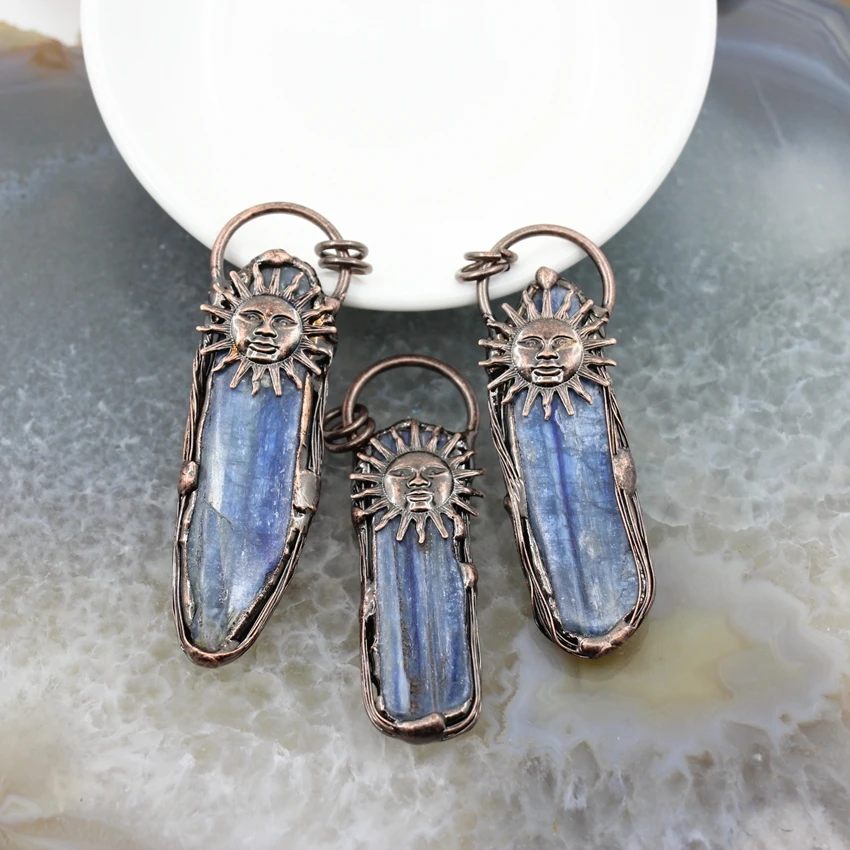 Natural Blue Kyanite Slab Antique Brass Style Pendant, Healing Crystal Quartz Stone Sunburst Necklace DIY Jewelry Accessories