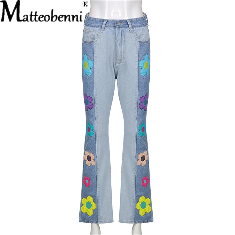 Sexy High Waisted Flower Printed Graphic Jeans Patchwork Fashion Streetwear Ladies Denim flared Pants Cropped Trousers Vintage