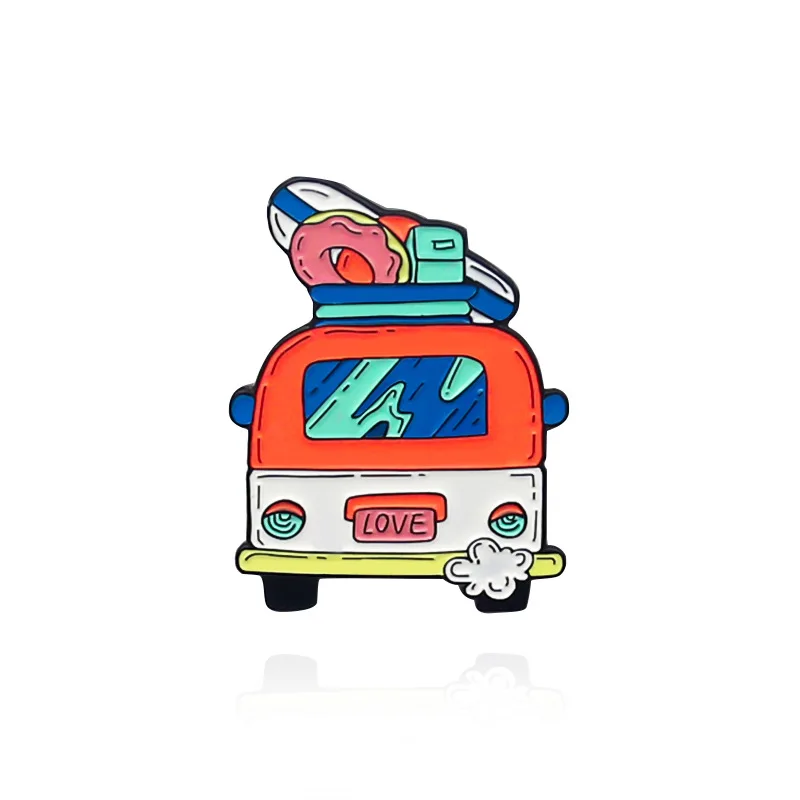 

Cartoon Love License Plate Happiness Bus Car Shape Metal Enamel Brooch Pink Fashion Seaside Vacation Car Shape Badge Pin
