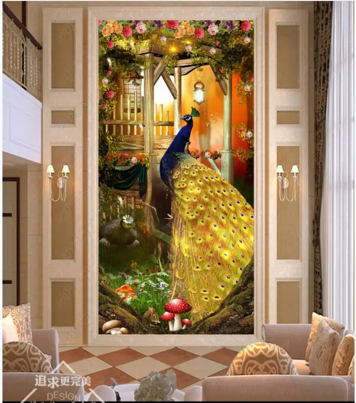 

3d фото обои на заказ настенные деревянный дом Золотой Павлин крыльцо домашний декор гостиная обои для стен в рулонах