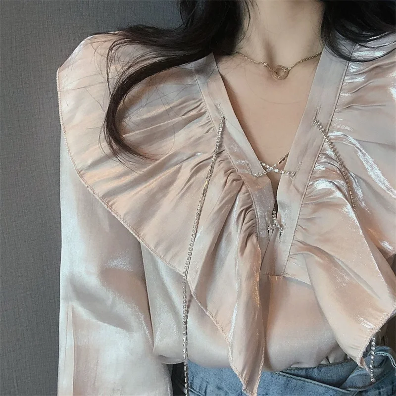

Autumn Long Sleeve Blouse Office Ladies Shirt Korean Fashion Clothing V-Neck Ruffles Shirts Vintage Women Tops Straight Chemise