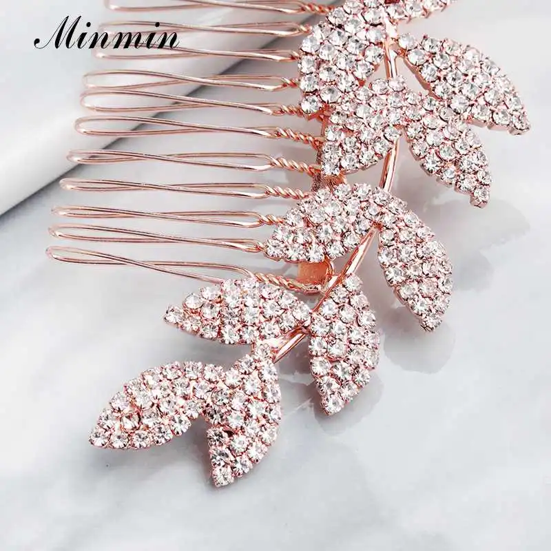 Уникальные свадебные гребни Minmin в форме листа с кристаллами Rosegold стразы