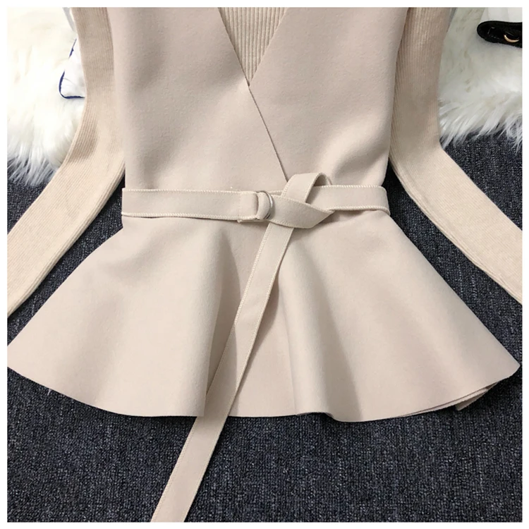 ALPHALMODA осень НОВАЯ Трикотажная нижняя рубашка+ жилет модный костюм из двух частей женский жилет с v-образным вырезом и поясом+ свитер с длинными рукавами