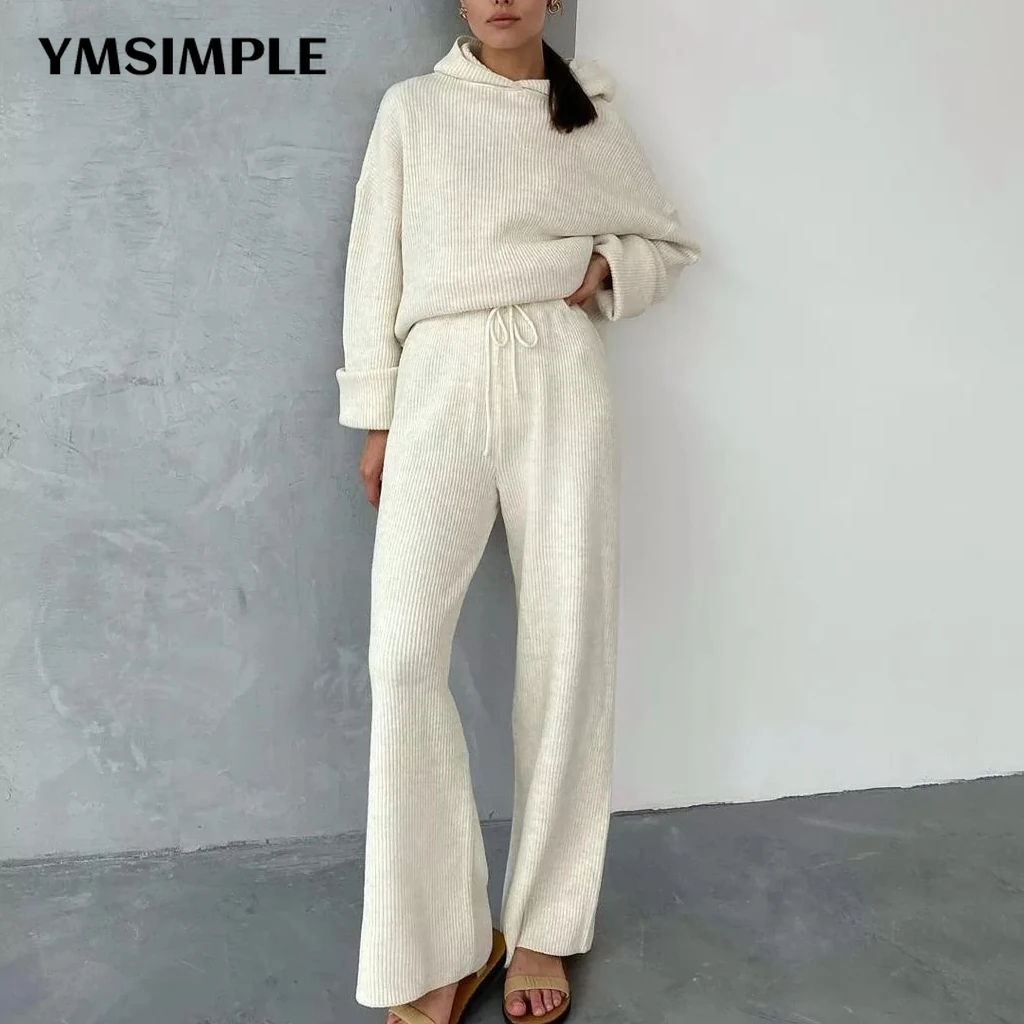 

New Arrival 2022 Spring Women Two Piece Set Tracksuit Casual Hooded Sweatshirt and Wide Leg Pants Suits Streetwear Knitted Suit