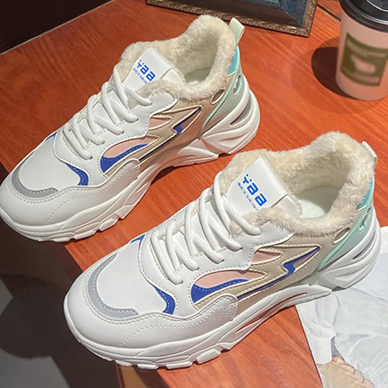

Women Winter Sneakers Lace Up Thick Bottomn Flat Ladies Warm Plush Cotton Shoes Female Footwear Sewing Comfortable Fashion New