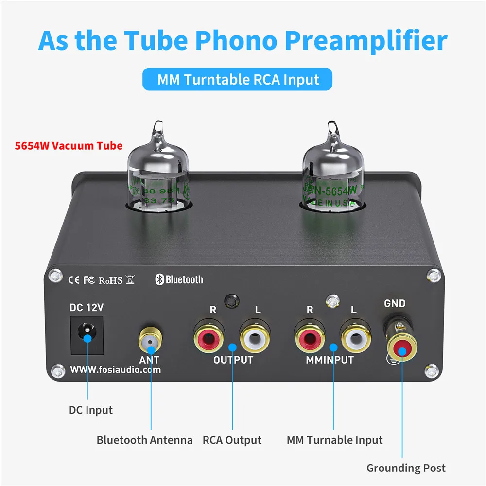 Fosi Audio Bluetooth Phono Preamp for Turntable Phonograph Preamplifier With 5654W Vacuum Tube Amplifier HiFi BOX X3
