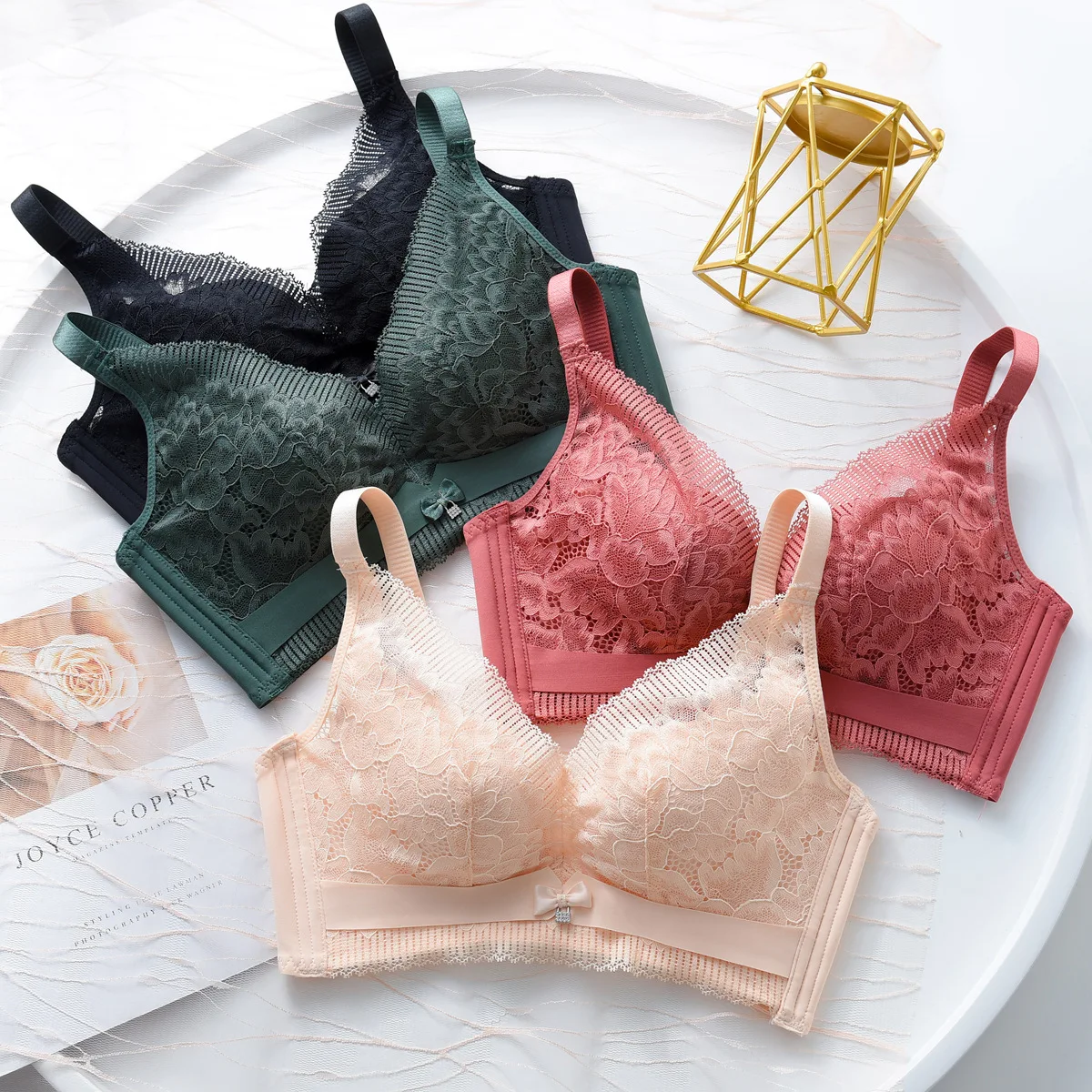 

New Non-Steel Ring Underwear Set 2021 Lace Gather Adjustment Type Luxury Pull-Up Underwear Seamless Plus Size Black Bra Set