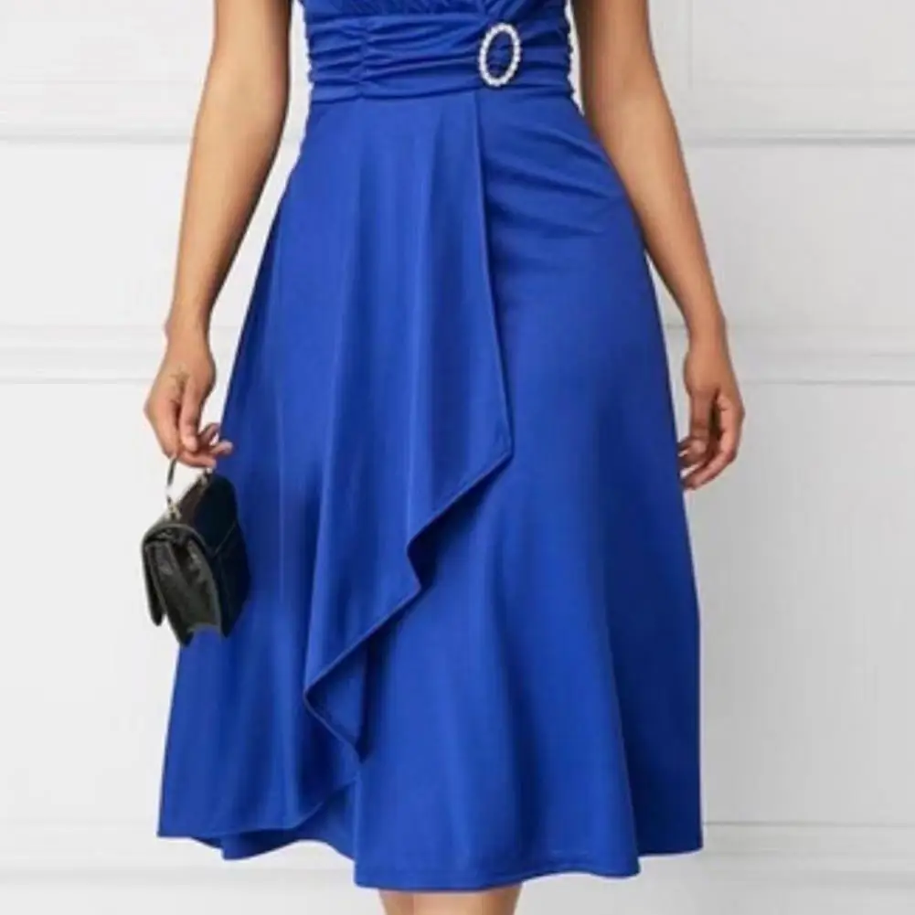 Summer Ladies Elegant Dress Asymmetric Hem High Waist Temperament V Neck Tube Top Short Sleeve Evening Party Banquet Wear | Женская