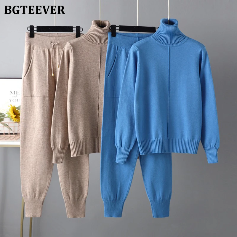 

BGTEEVER Turtleneck 2 Pieces Women Knitted Set Long Sleeve Pullovers & Harem Trousers Ladies Sweater Set 2022 Spring Autumn