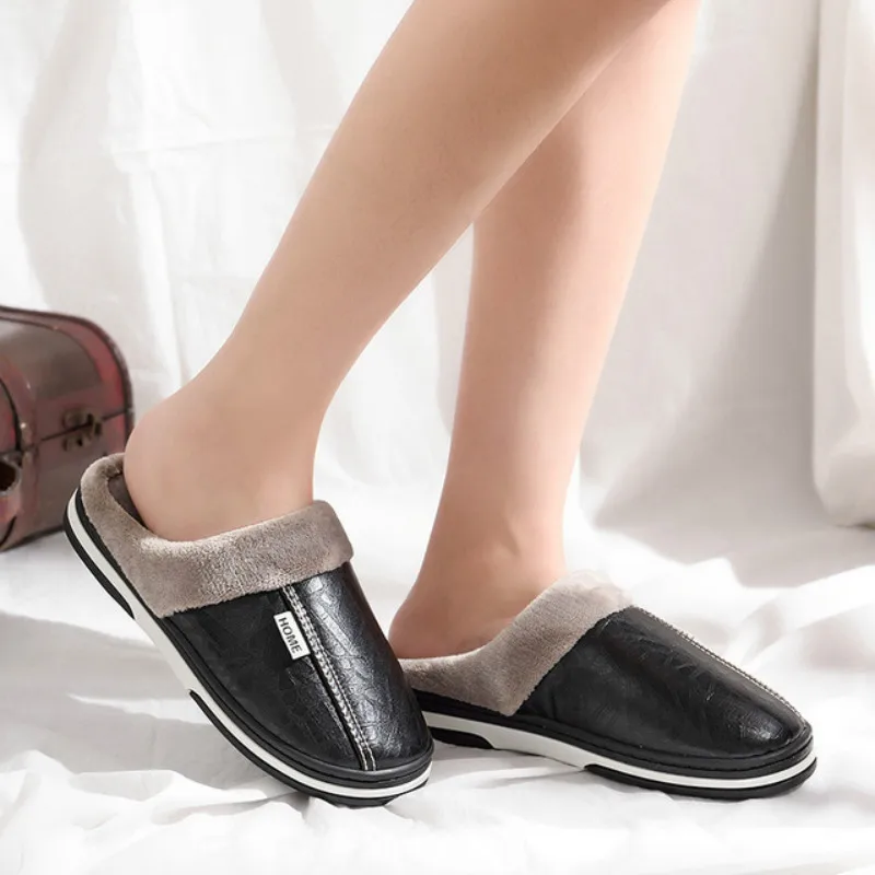 Прямая поставка тапочки Домашние кожаные зимние водонепроницаемые теплые