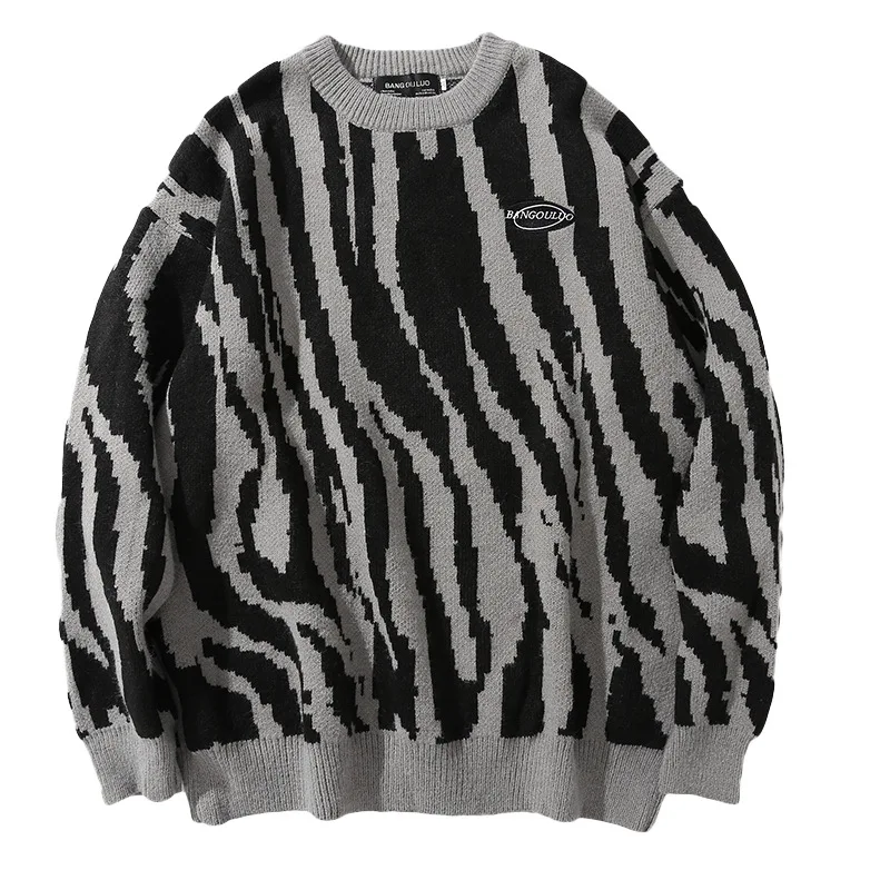 

Japanese Harajuku Male Zebra Color Matching Sweater Men Vintage Loose Casual Thick Languid Lazy Streetwear O-Neck Knit Pullovers