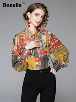 2022 spring women tops turn down collar lantern sleeved runway style print chiffon shirt female office ladies shirts blouse