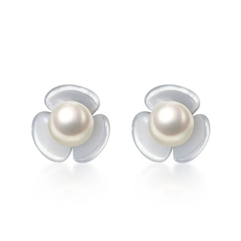 

1 Pair 100% 925 Sterling Silver Shell Pearl Flower Stud Earrings Gift For Girls Kids Lady Anti-allergy Fine Jewelry