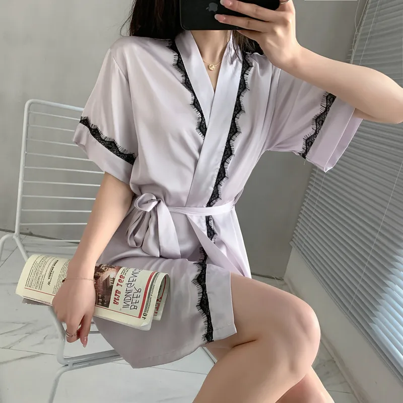 

QUBILAH New Style Eyelashes Lace Silk Nightgown Female Summer Sexy Home Service Mid-sleeve Dressing Gown Bathrobe Outer Cover