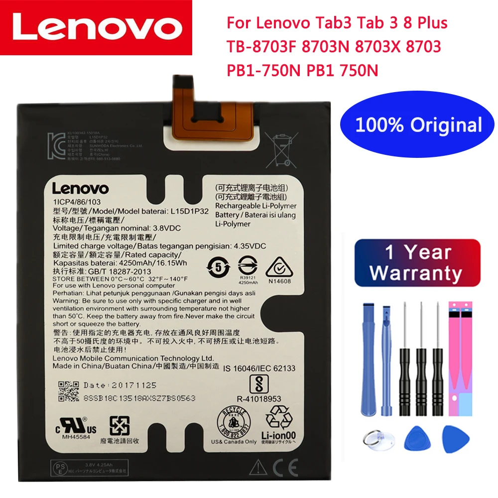 

100% Original Lenovo L15D1P32 4250mAh Battery For Lenovo Tab3 Tab 3 8 Plus TB-8703F 8703N 8703X 8703 PB1-750N PB1 750N Batteries