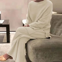 women homewear pajama suit women elegant solid home suit winter casual soft two piece set lady o neck pullover tops wide legs