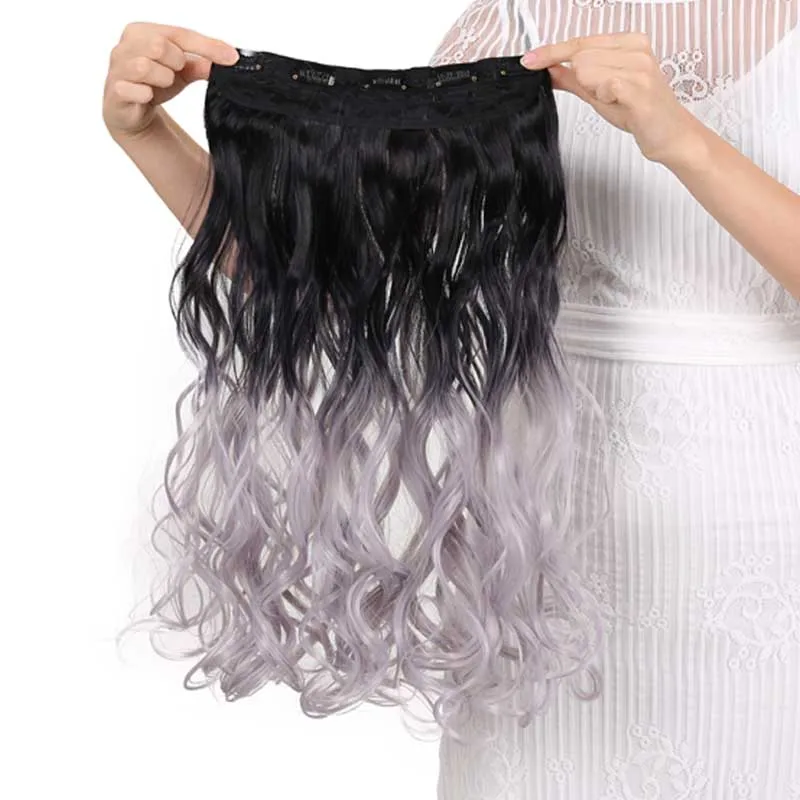AILIADE Long wave 5 Clip In Hair Extensions Hairpieces Synthetic Natural Black to Grey Ombre Two Tones Fake | Шиньоны и парики