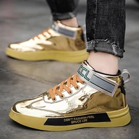 gold bright skin luxury men casual shoes fashion mirror mens designer shoes high top velcro quality patent leather men sneakers