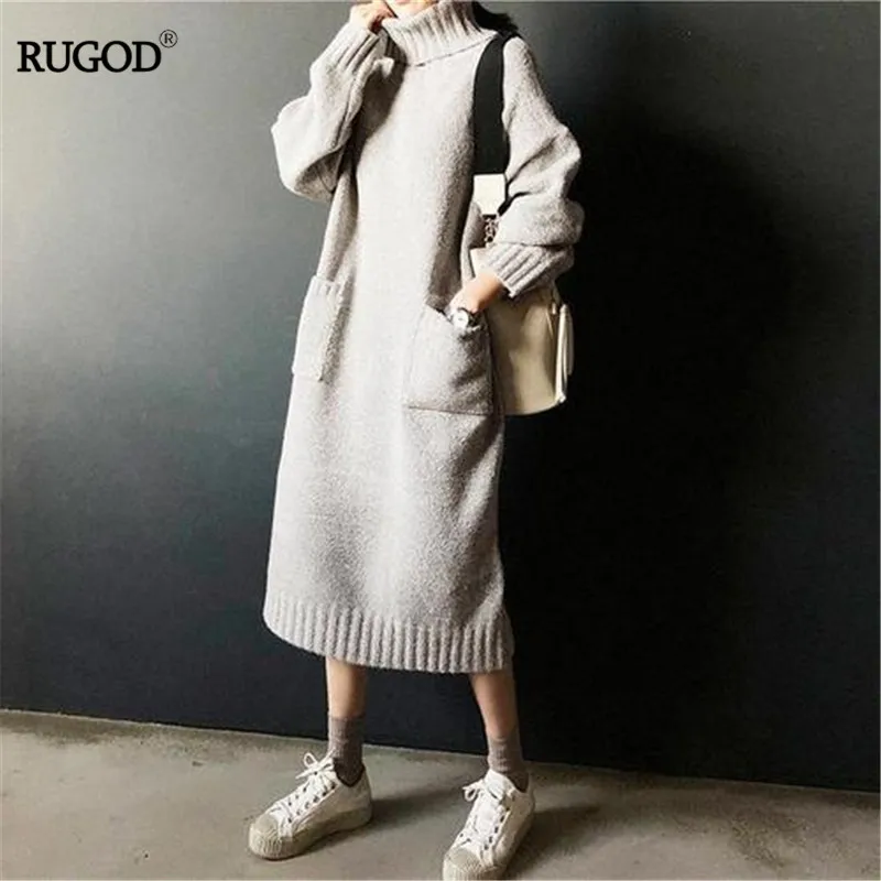 Женское плотное вязаное платье RUGOD теплое свитер с высоким воротником и