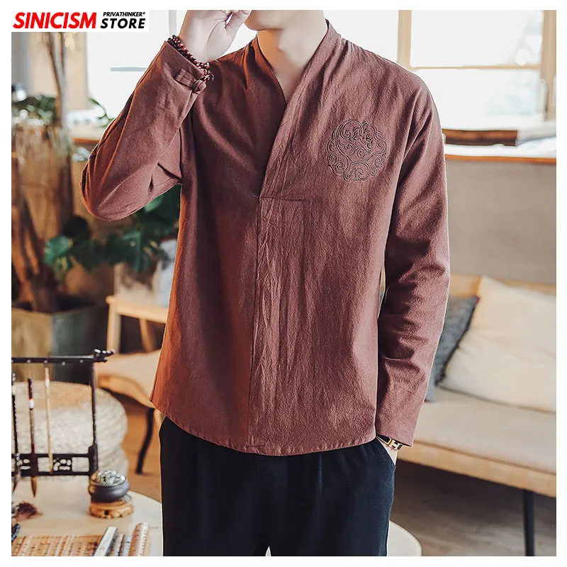 Sinicism Store мужской хлопок; Лен; с вышивкой футболки с длинными рукавами мужские оверсайз 3 цветные футболки мужские осенние повседневные футболки