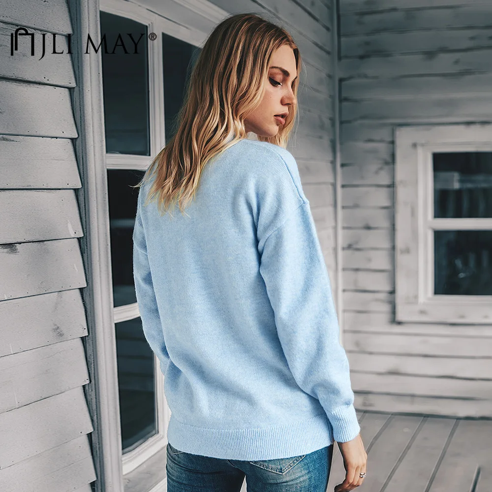 

JLI MAY Women Solid Sweater Knitted V-neck Long Sleeve Patchwork Botton and Pokets Autumn Casual Cardigans