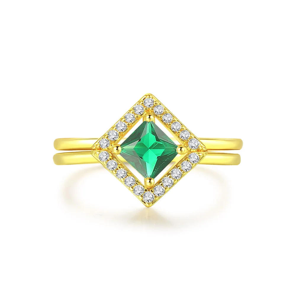 

Exquisite Gold Color Princess Ring Set Square Cut White/Green Crystal Bridal Ring Trendy Cocktail Party Zircon Ring Fine Jewelry