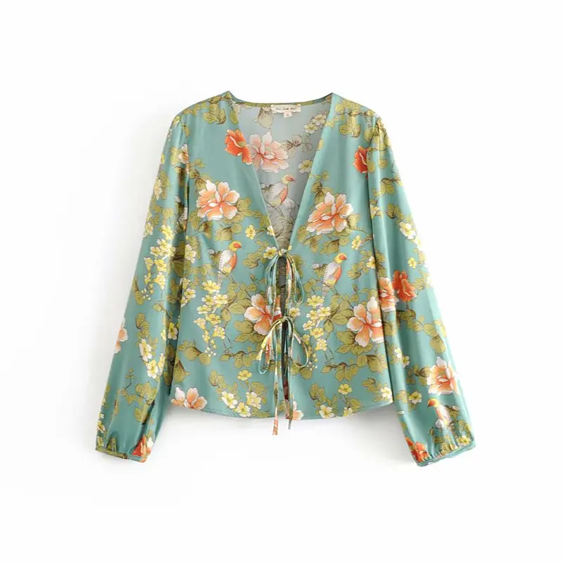 2019 элегантные шикарные boho женские цветочные печати на шнуровке Блузка