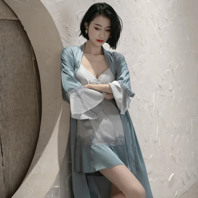 

Women White Nighty&Robe Set Summer New Sleep Suit Faux Silk Birde Wedding Sleep Set Sexy V-neck Kimono Gown Casual Homewear