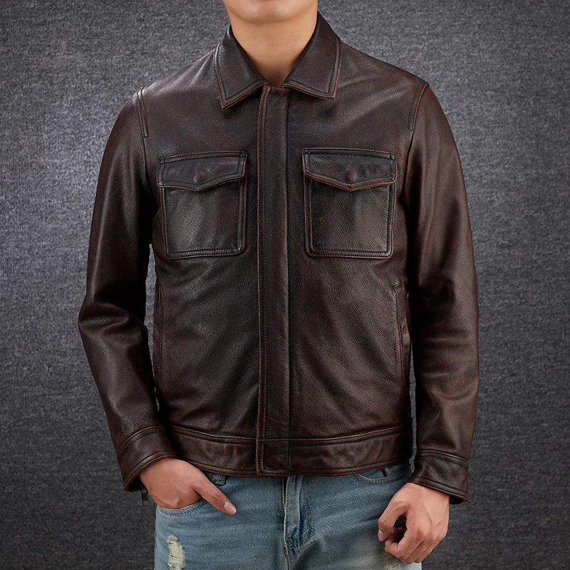 AMEKAJI head layer cowhide retro stone mill do old leather leather motorcycle leather jackets men brief paragraph