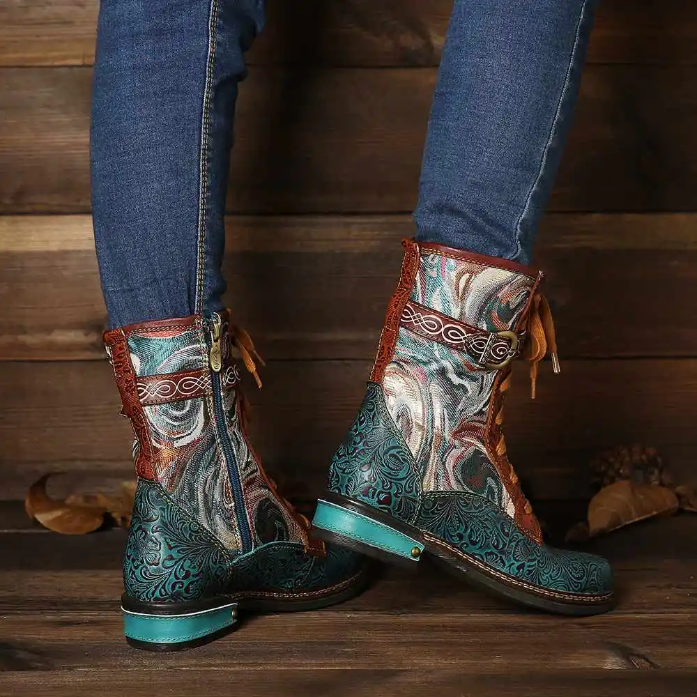 SOCOFY/Botas Mujer; короткие ботинки из тисненой натуральной кожи на плоской подошве со шнуровкой на молнии; женская обувь; женская зимняя обувь