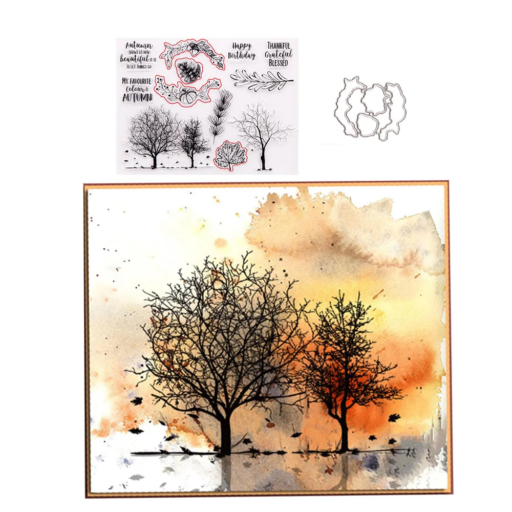 Autumn Trees Metal Cutting Dies and Clear Rubber Stamps for DIY Scrapbooking Crafts Card Making Photo Album Sheet Decoration | Дом и сад