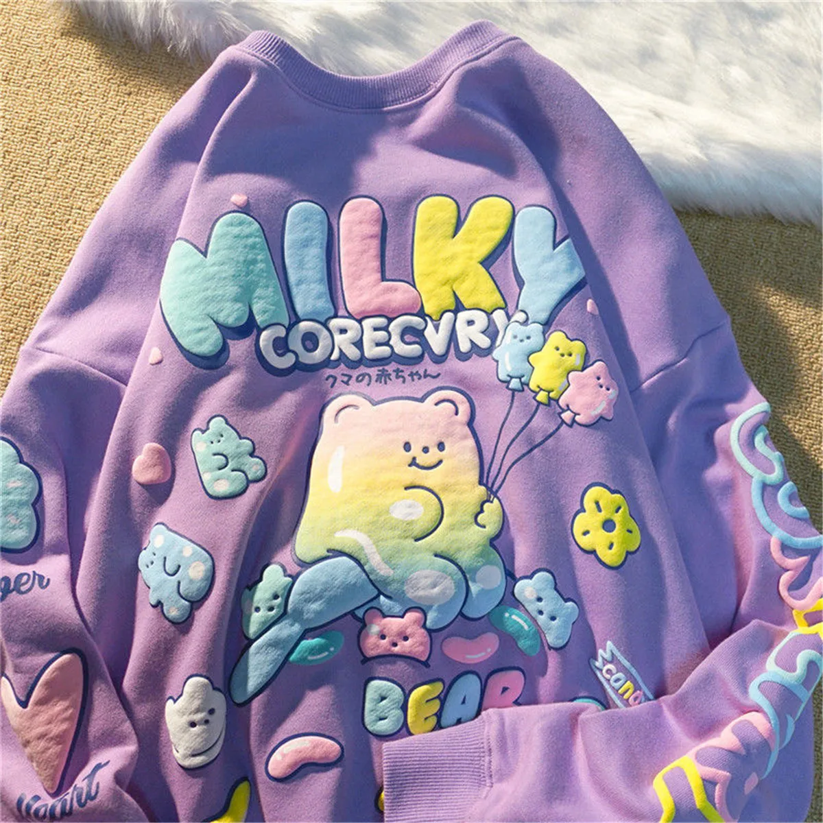 

Cute Loose Cute Purple T-Shirt Amine Summer Oversize Female Tops Tees Funny Japan Harajuku Long Sleeve Bear Print T Shirt Femme