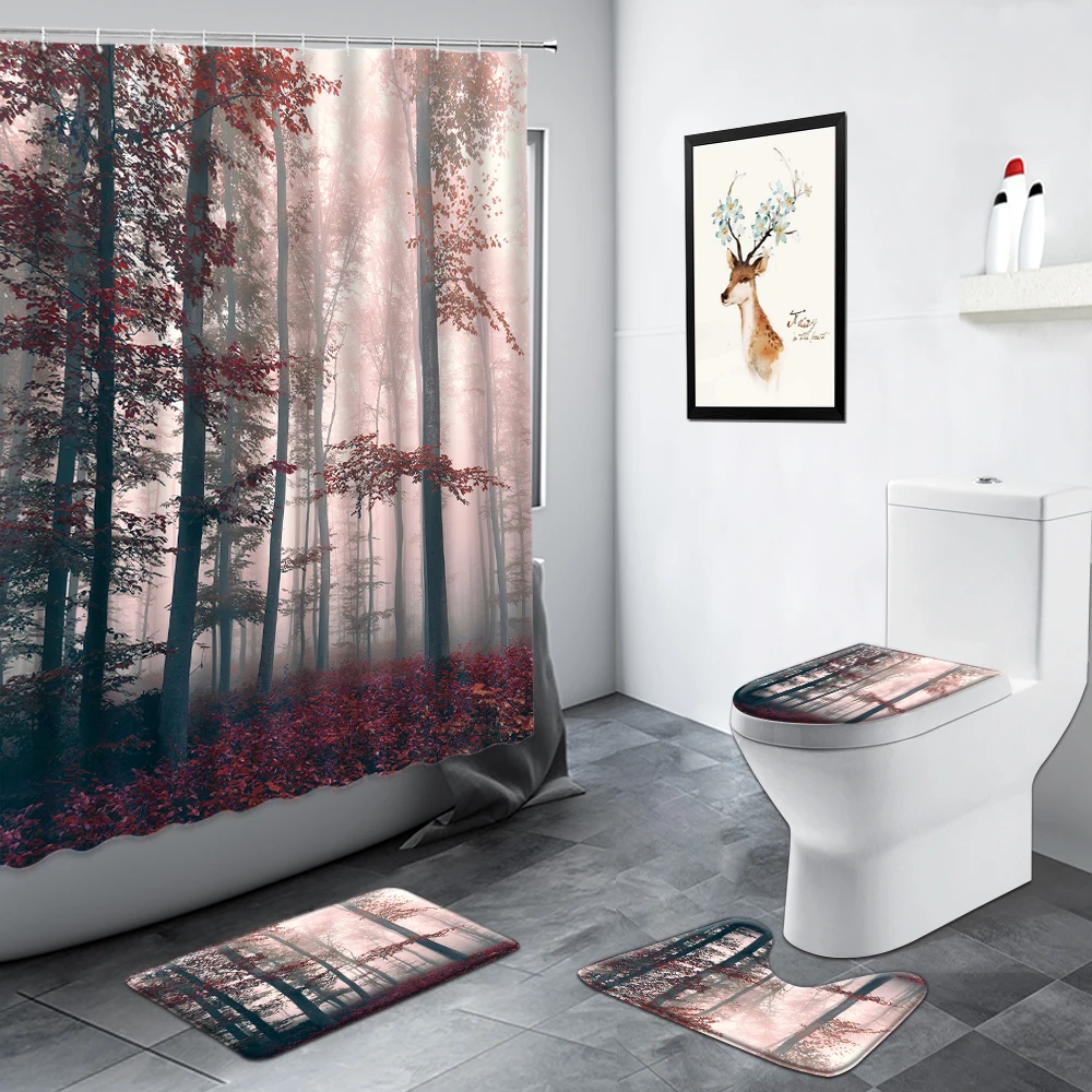 

Misty Forest Nordic Style Shower Curtain Red Maple Pine Trees Natural Scenery Bathroom Non-slip Rug Bath Mats Toilet Decor Sets