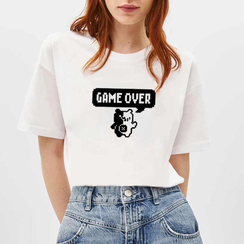 Женская футболка с принтом Game Over хлопковая коротким рукавом и круглым вырезом