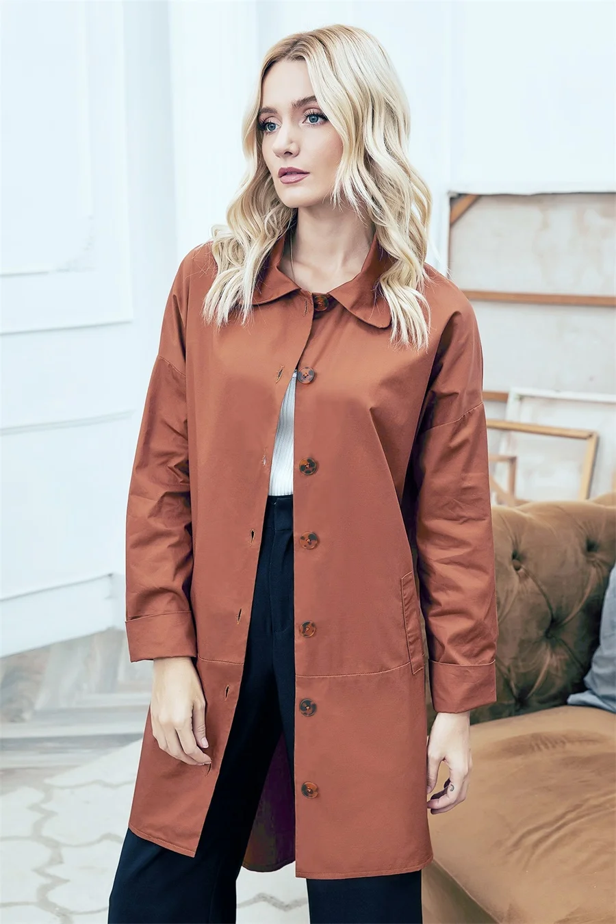 

Женский однобортный тренчкот, Повседневная простая Классическая длинная ветровка, весна-осень 2021