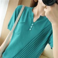 2022 spring and summer new style 100 pure cotton womens v neck loose t shirt knitted thin top casual fashion base sweater